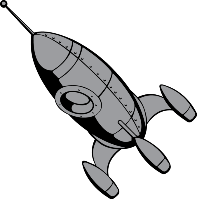 a black and white drawing of a rocket