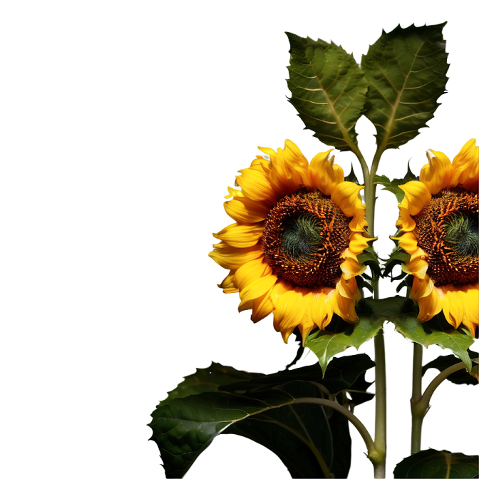 two sunflowers with green leaves on a white background