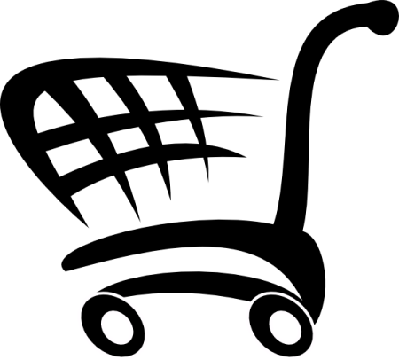 a black and white shopping cart icon