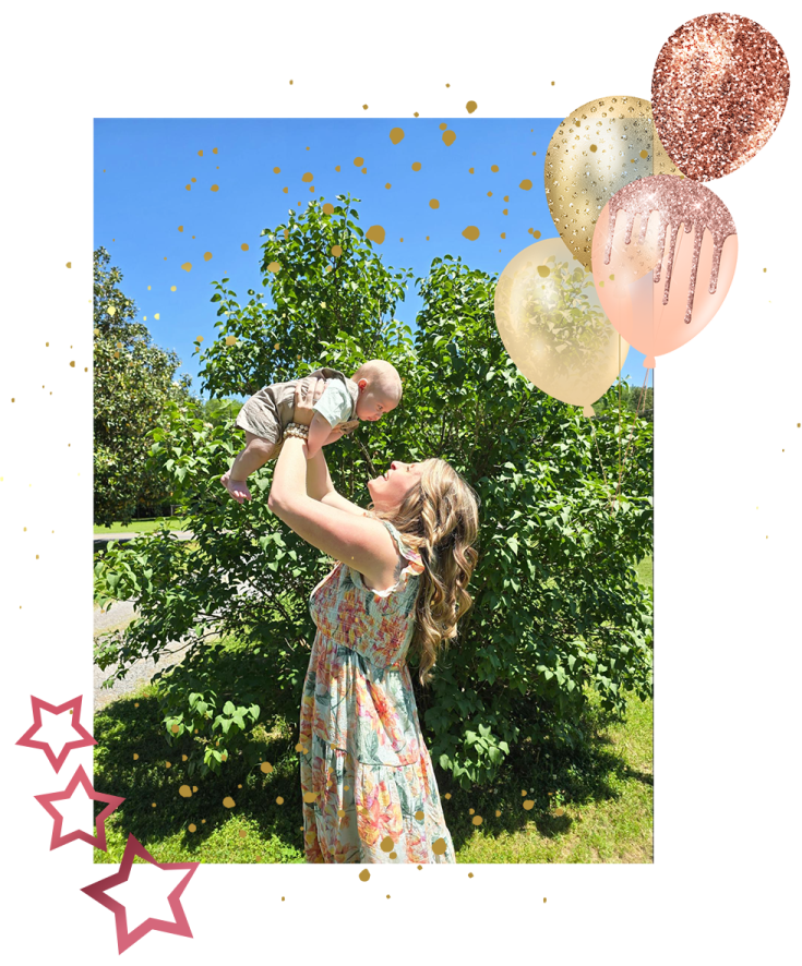 a little girl in a floral dress with balloons