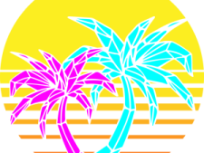 a palm tree with the sun in the background