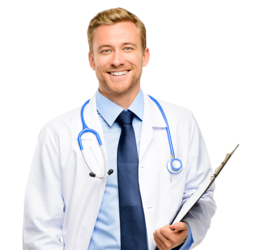 a smiling male doctor holding a clipboard