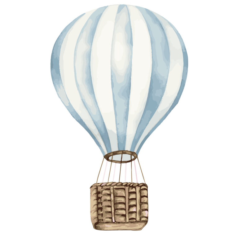 a blue and white hot air balloon flying in the sky