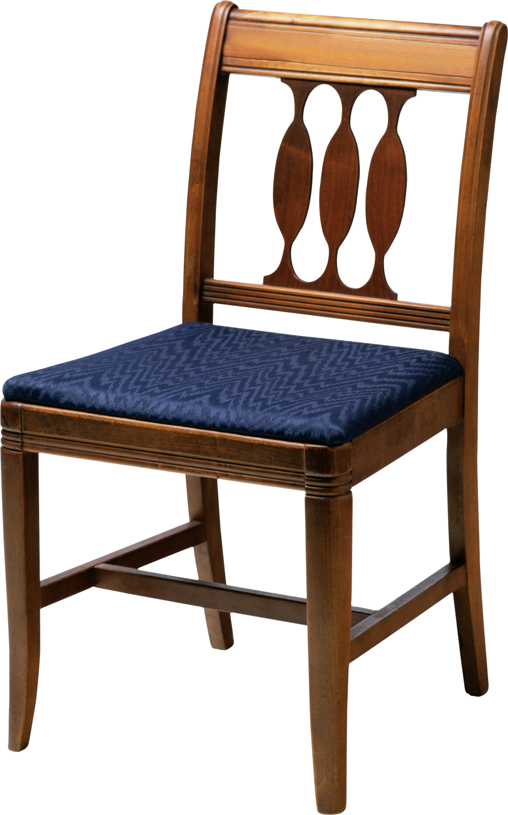 a wooden chair with a blue seat pad