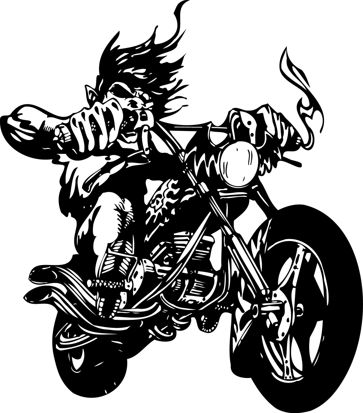 a black and white drawing of a person riding a motorcycle