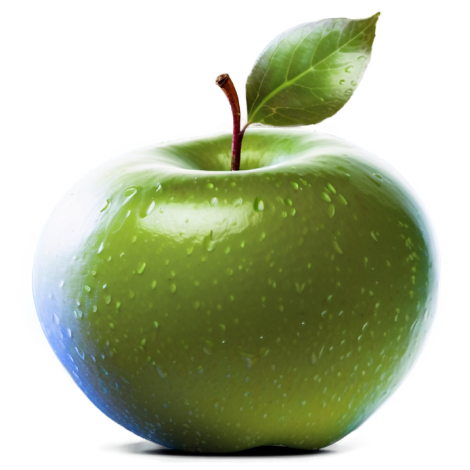 a green apple with a leaf on it