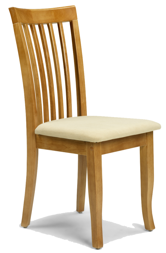 a wooden chair with a beige seat