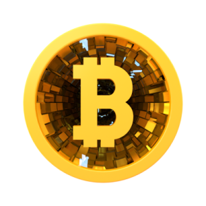 a golden bit coin on a white background
