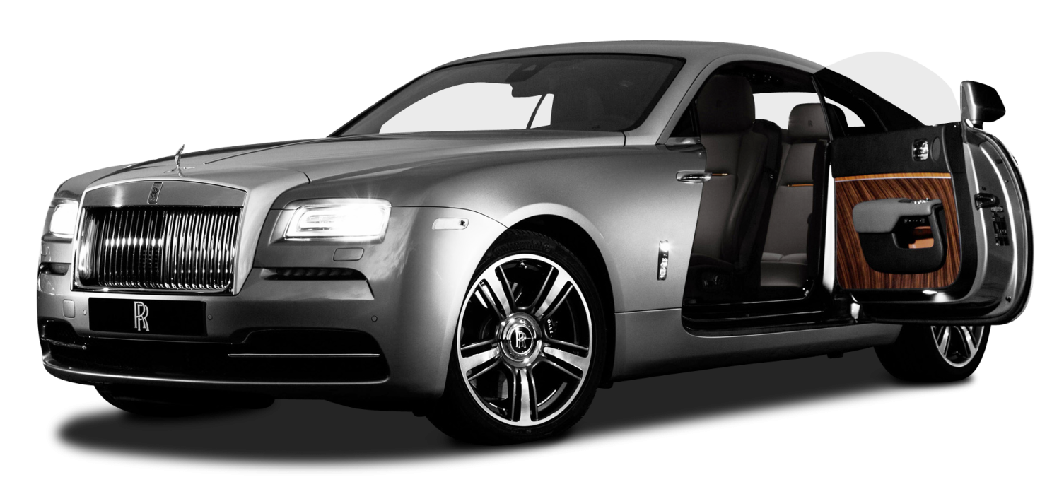 a silver rolls royce with its doors open