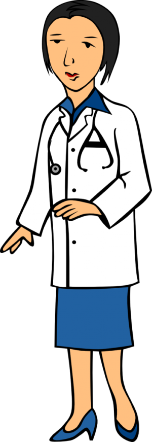 a woman in a lab coat pointing at something