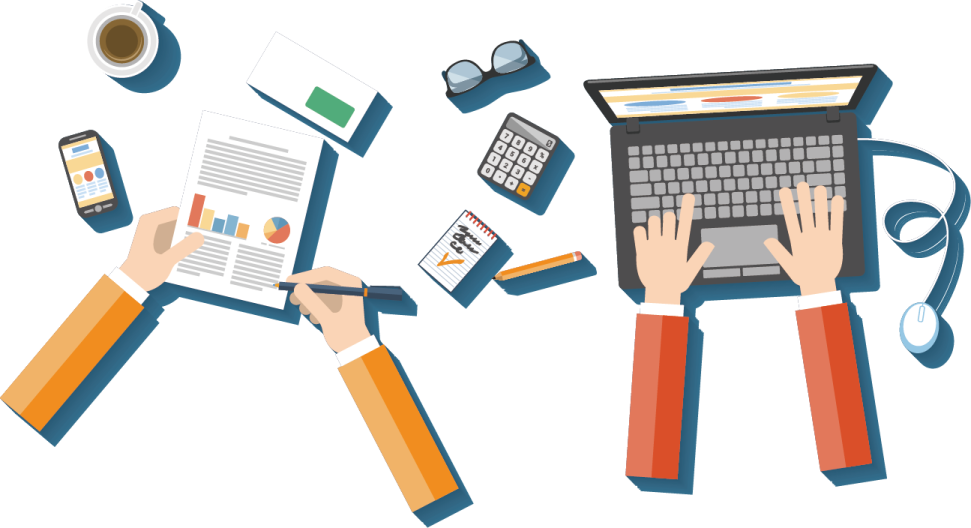 two people working on laptops, one is holding a phone and the other is typing