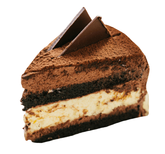 a piece of chocolate cake on a white background