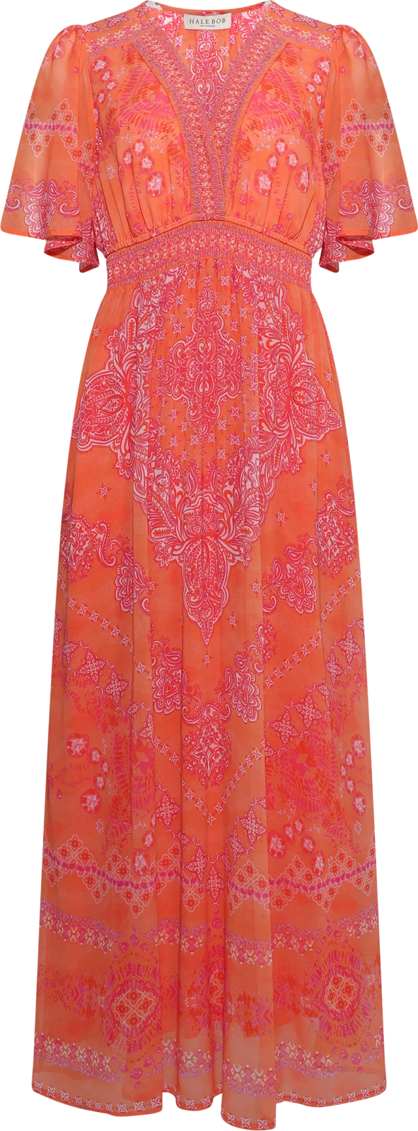 a woman wearing an orange and pink dress