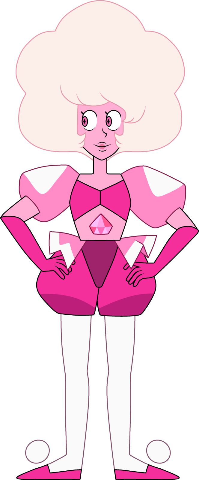 a cartoon character with pink hair and white pants