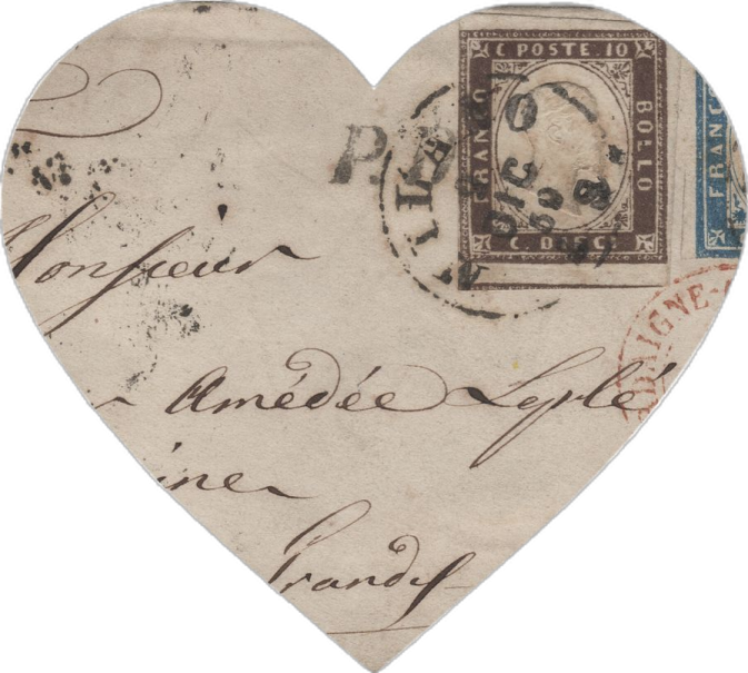 a heart shaped postcard with a stamp on it