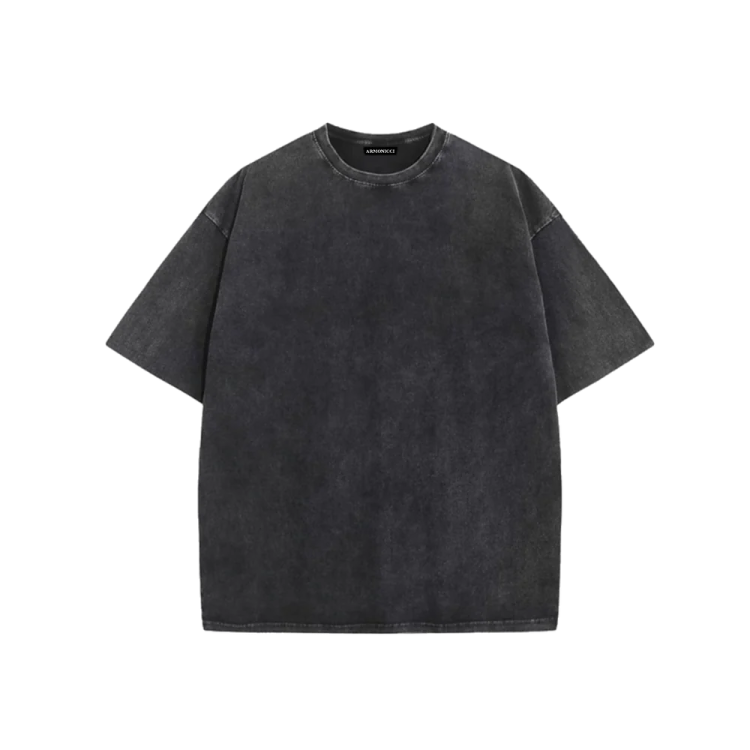 a black t - shirt with a round neck and short sleeves