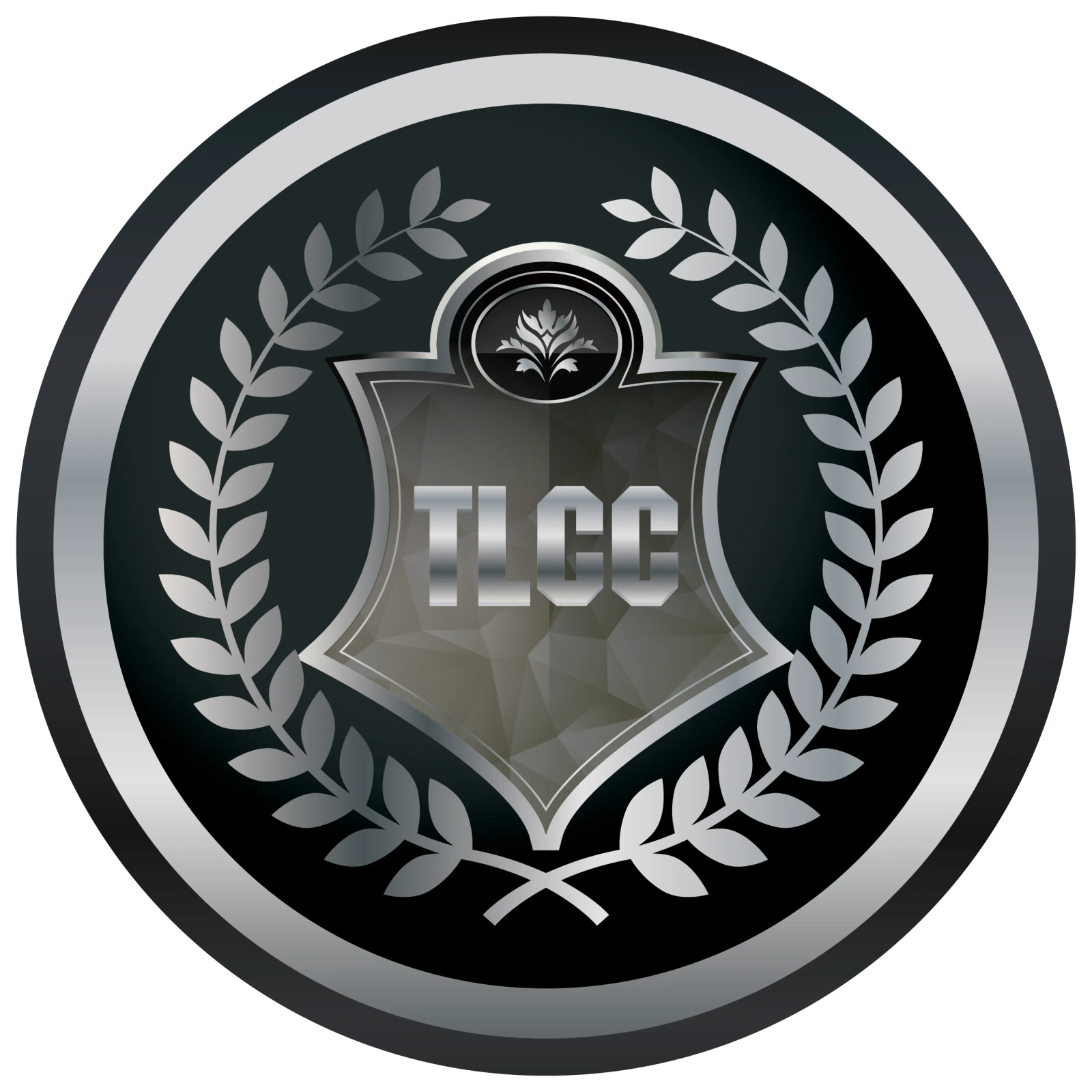 a black and silver badge with a laurel around it