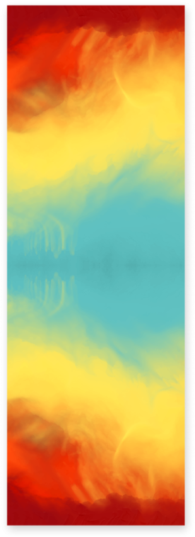 a red and yellow painting on a white background