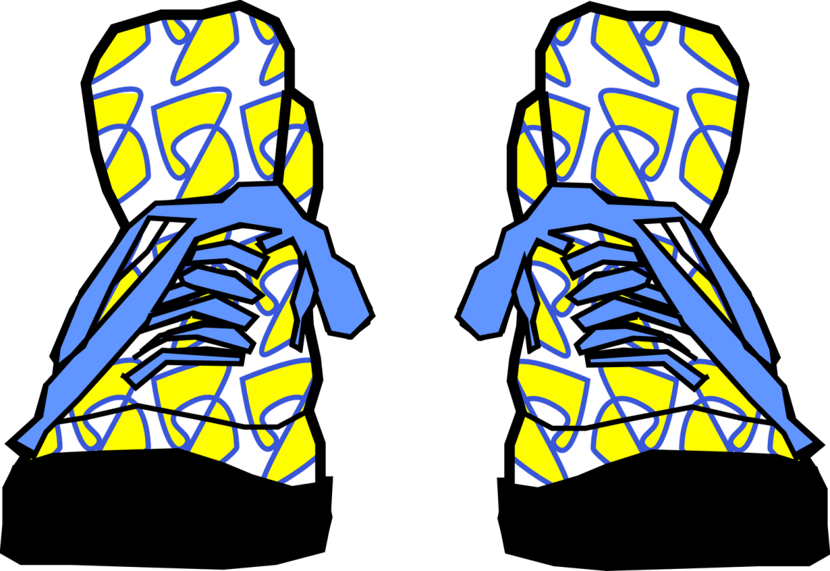 a pair of blue and yellow shoes