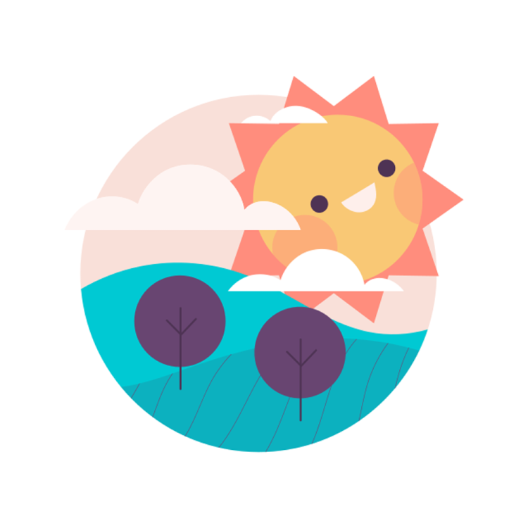 an illustration of a sun, trees and clouds