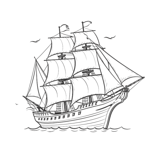 a black and white drawing of a ship