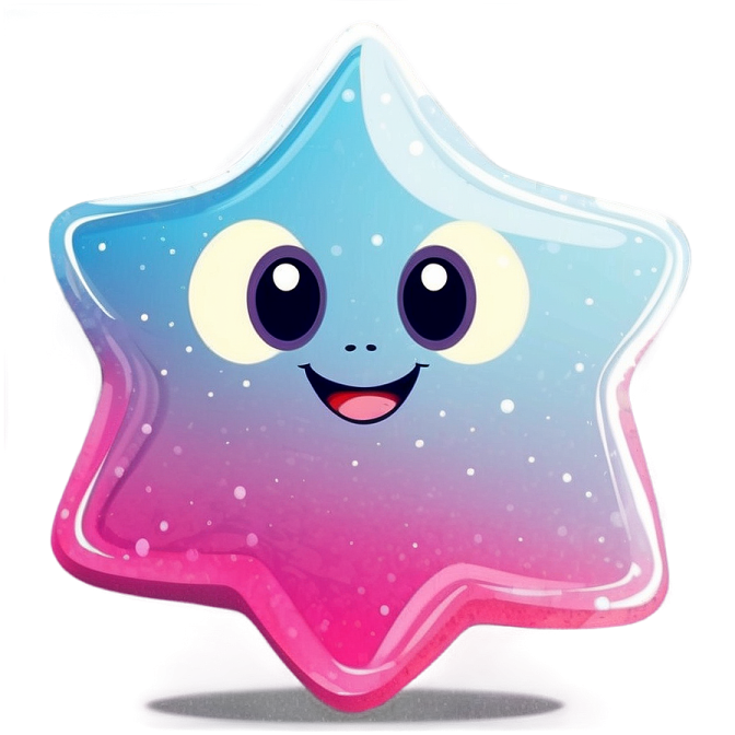 a pink and blue star shaped balloon with a smiling face