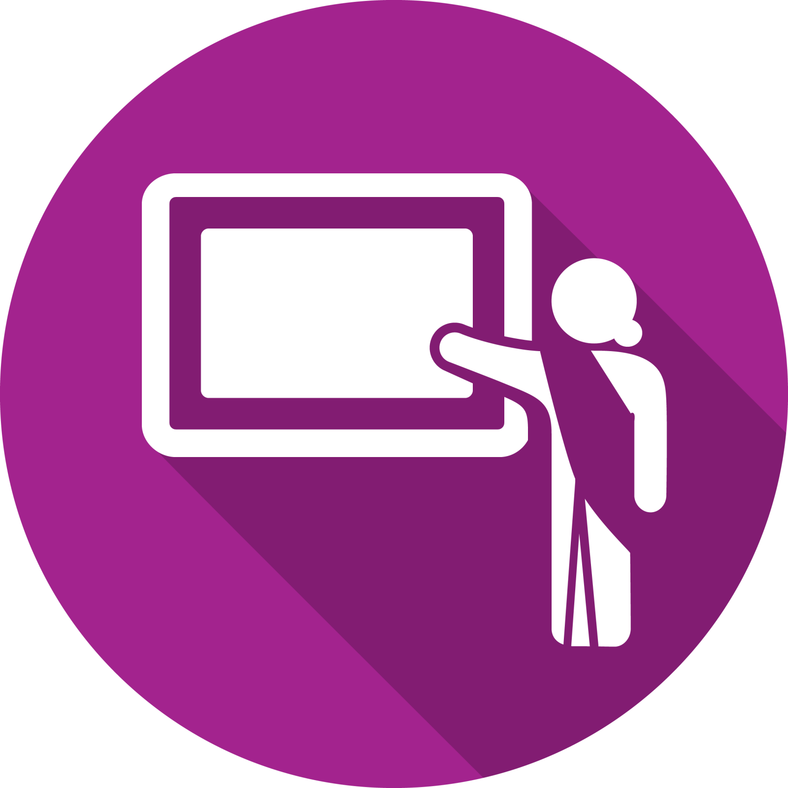a purple circle with a white silhouette of a person looking at a large screen