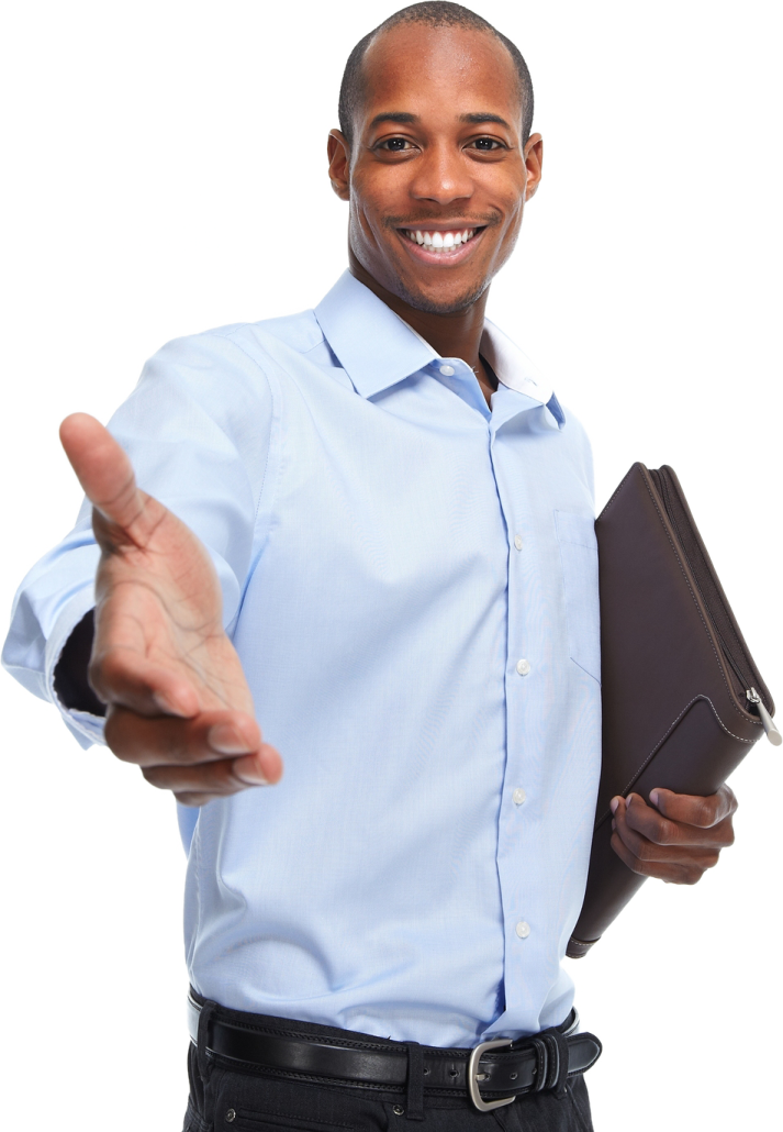 a man in a blue shirt and black pants holding a folder