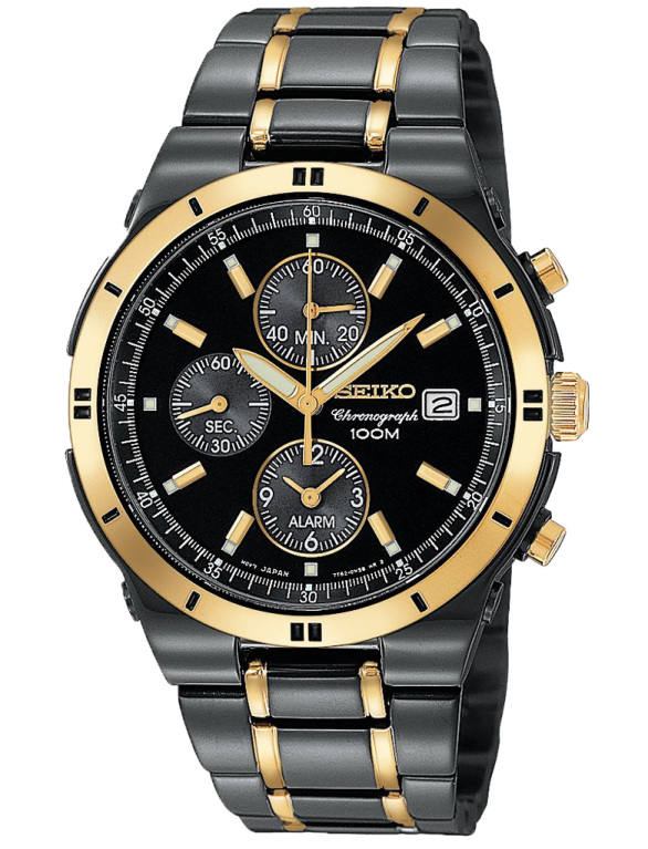 a black and gold watch on a white background