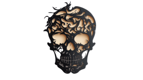 a black and gold skull with flames on it