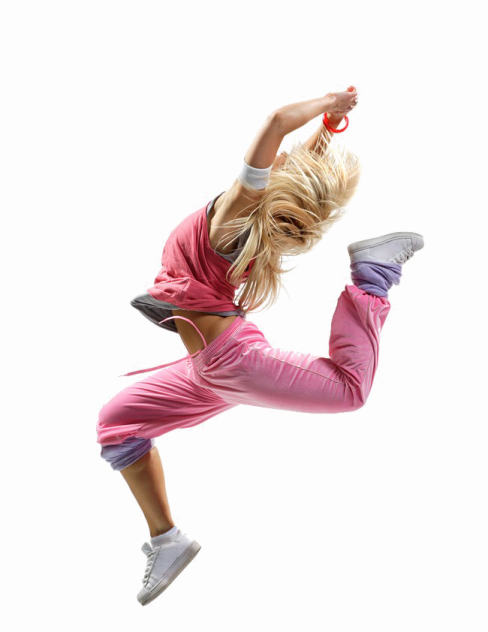 a woman jumping in the air on a white background