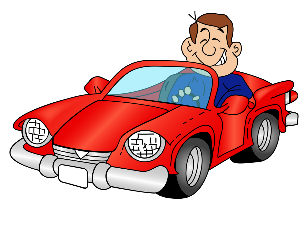 a man driving a red car