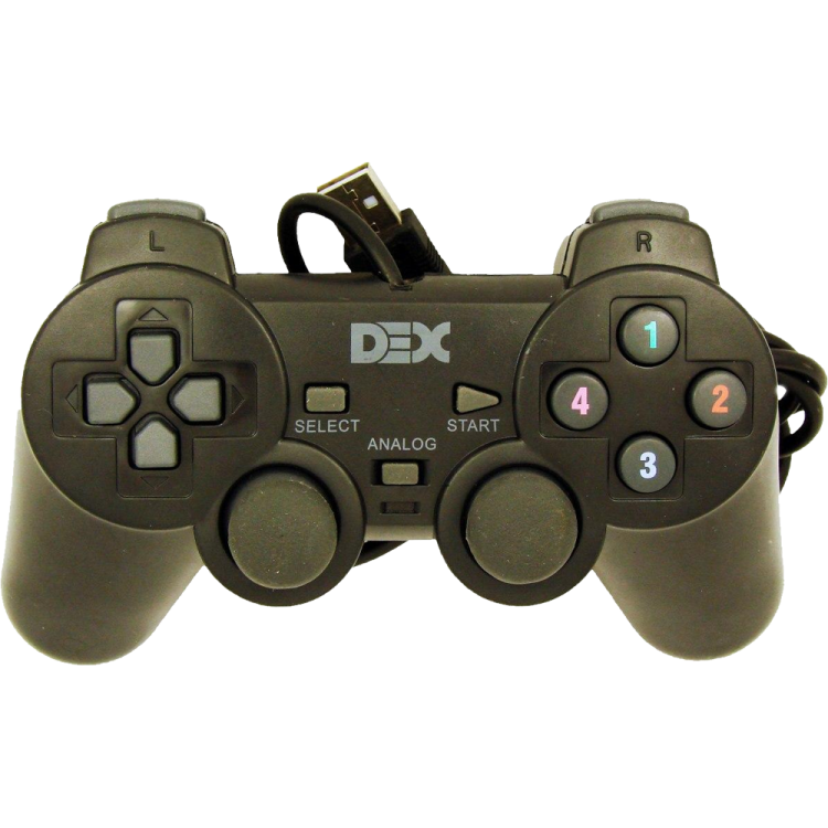 a black game controller on a white background