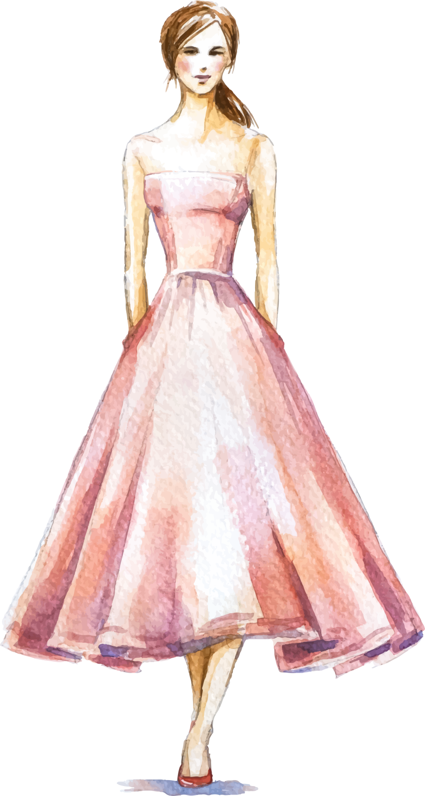 a watercolor sketch of a woman in a pink dress