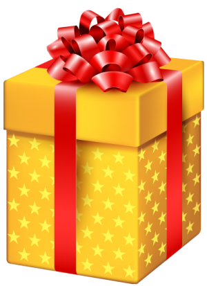 a yellow gift box with red ribbon and stars