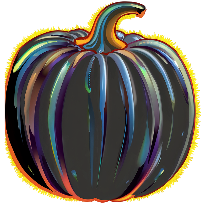 a black pumpkin with colorful stripes on it