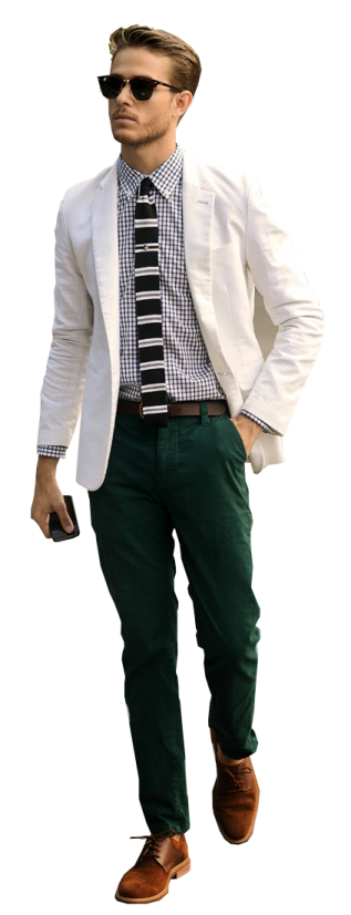 a man in a white jacket and green pants