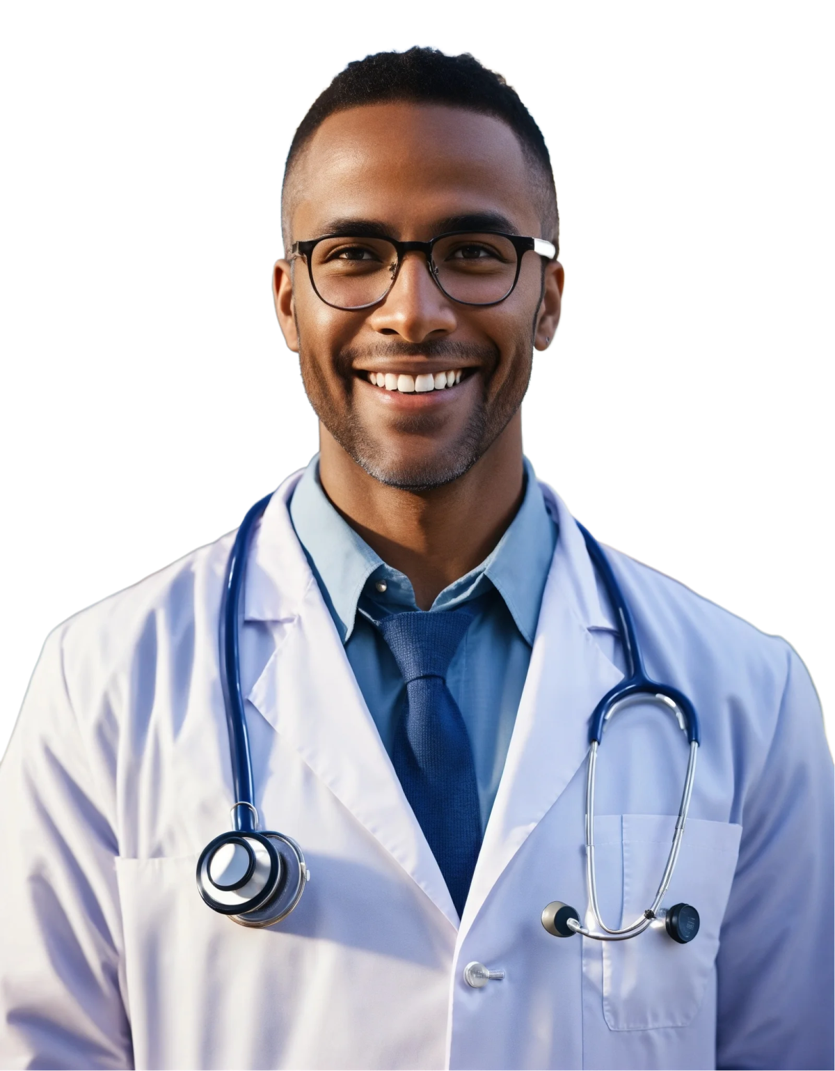 a man in a white lab coat and glasses