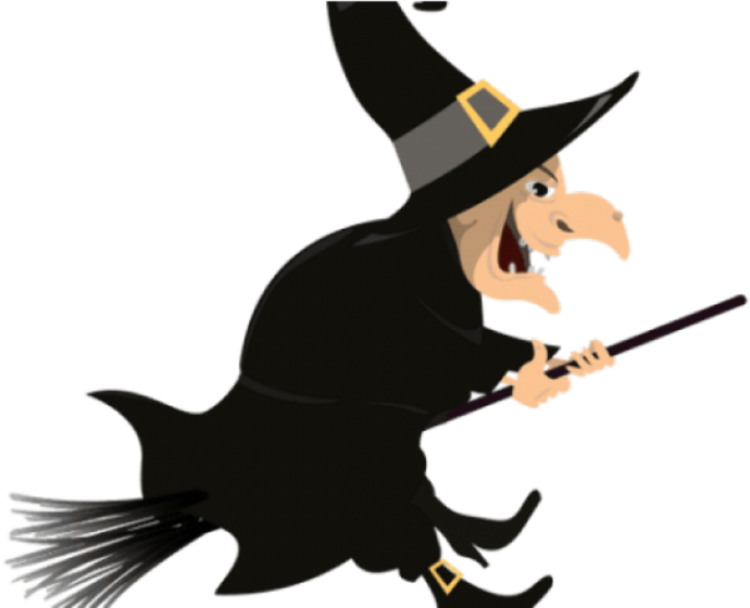 a cartoon witch flying on a broom