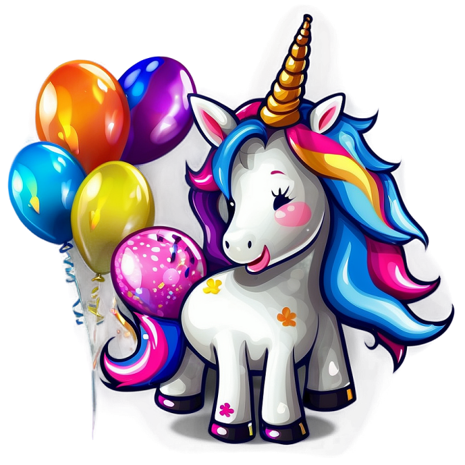 a unicorn with balloons and a birthday hat