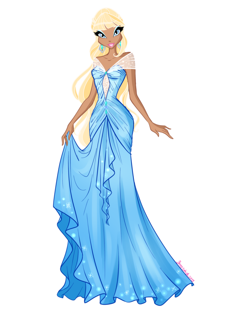 a drawing of a woman in a blue dress
