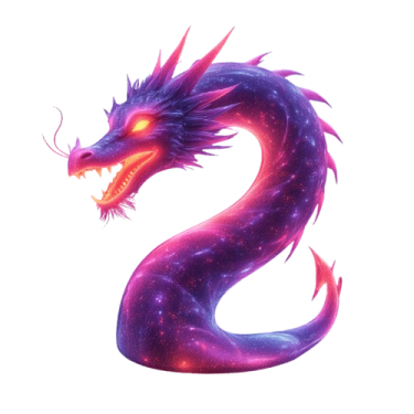 a purple and red dragon sitting on top of a white background