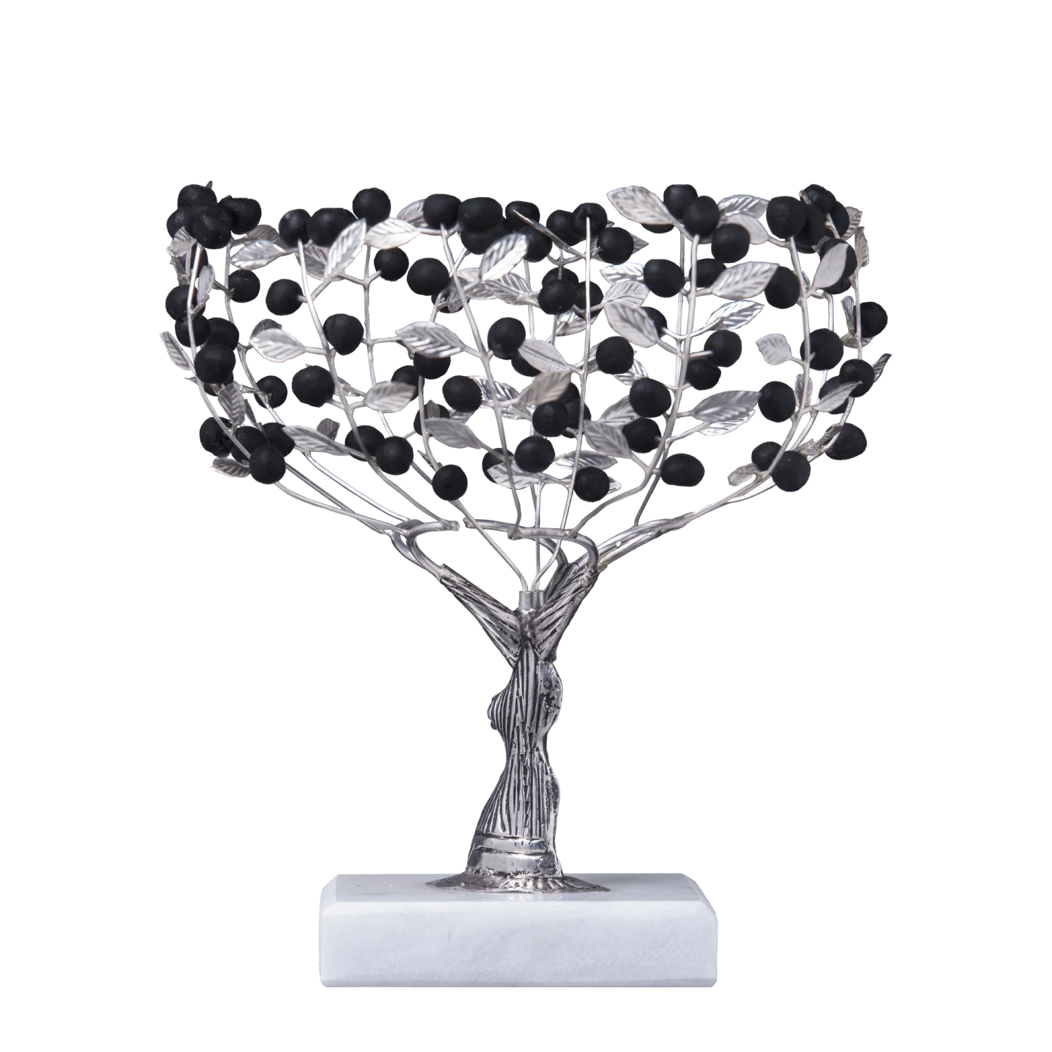 a silver and black tree sculpture on a marble base