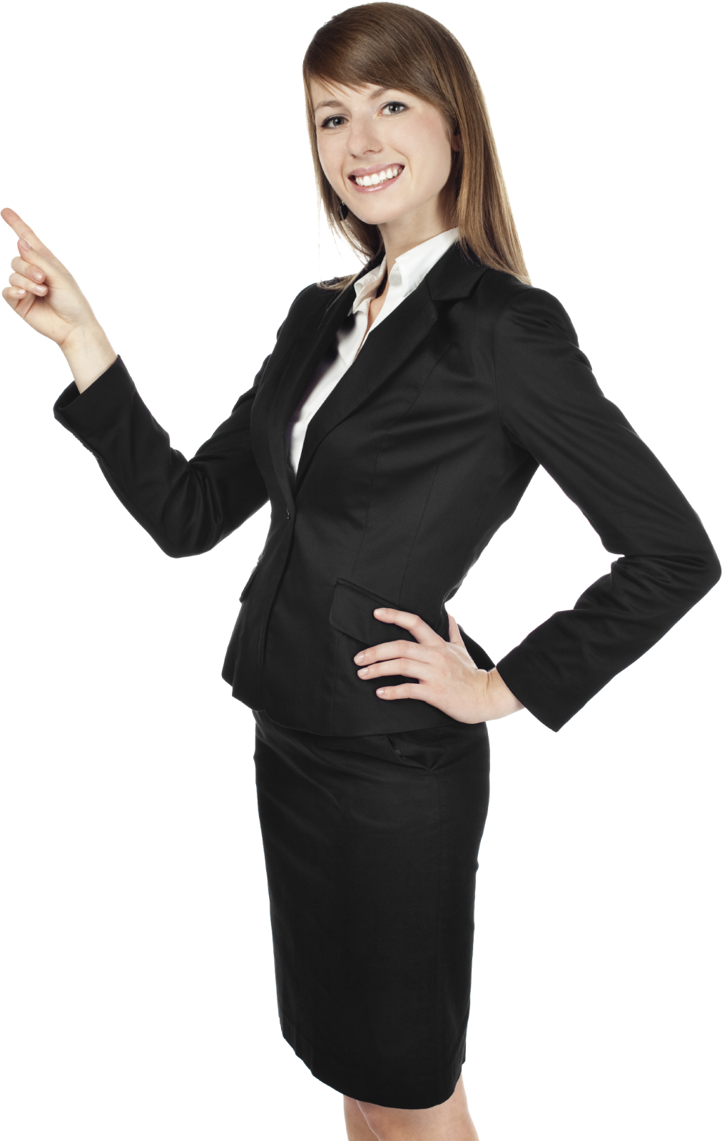 a woman in a business suit pointing at the camera