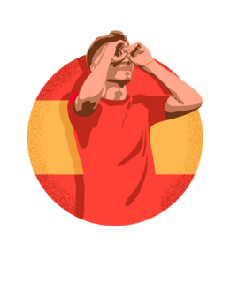 a man in a red shirt is looking through his binoculars