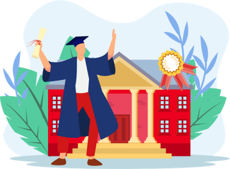 a man in a graduation gown standing outside of a house
