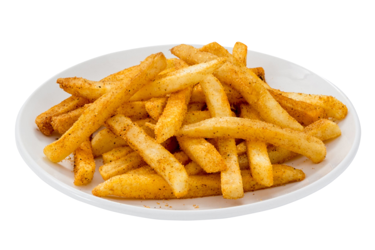 a plate of french fries on a white background