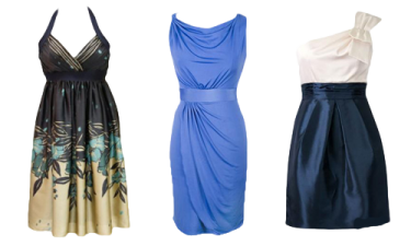 four different dresses on a white background