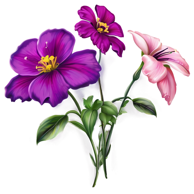 three purple and pink flowers on a white background