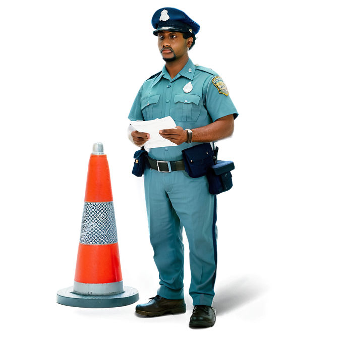 a police officer standing next to a traffic cone